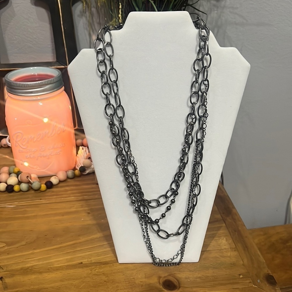 Charming Charlie Black & Silver Tone Multi Chain Layered Necklace 32”